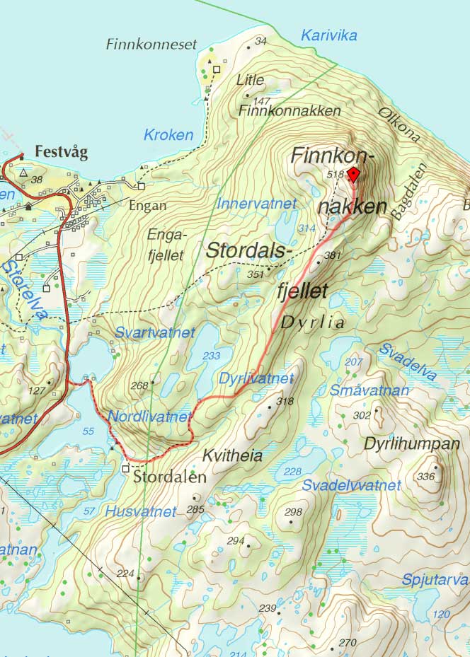 Kart med inntegnet rute til Finnkonnakken